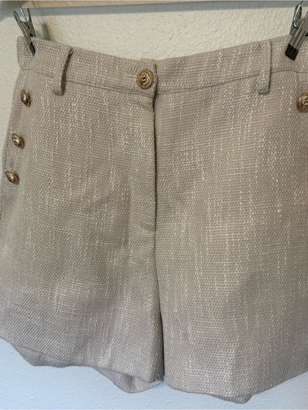 Cream Textured High-Waist Shorts | Gold Button Detail | Quiet Luxury
